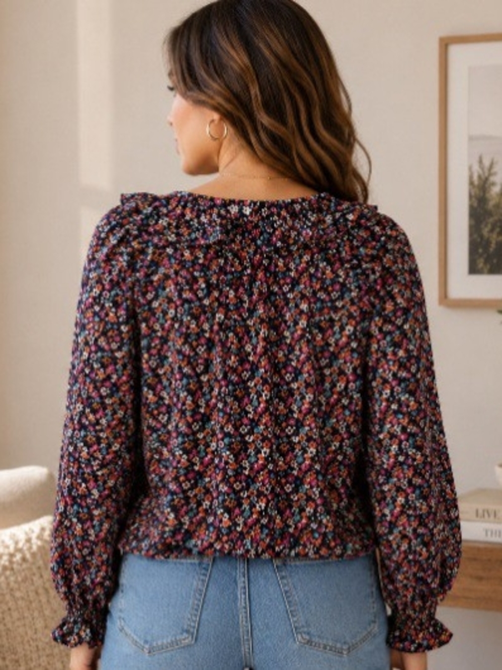 croft & barrow Black Floral Tie-Neck Blouse - Picture 2 of 4